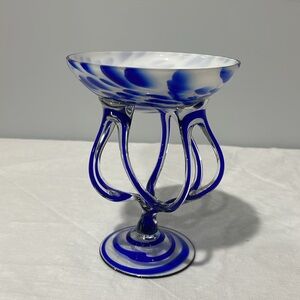 Jozefina Krosno Art Glass Jellyfish Pedestal Bowl 7” handblown glass blue white